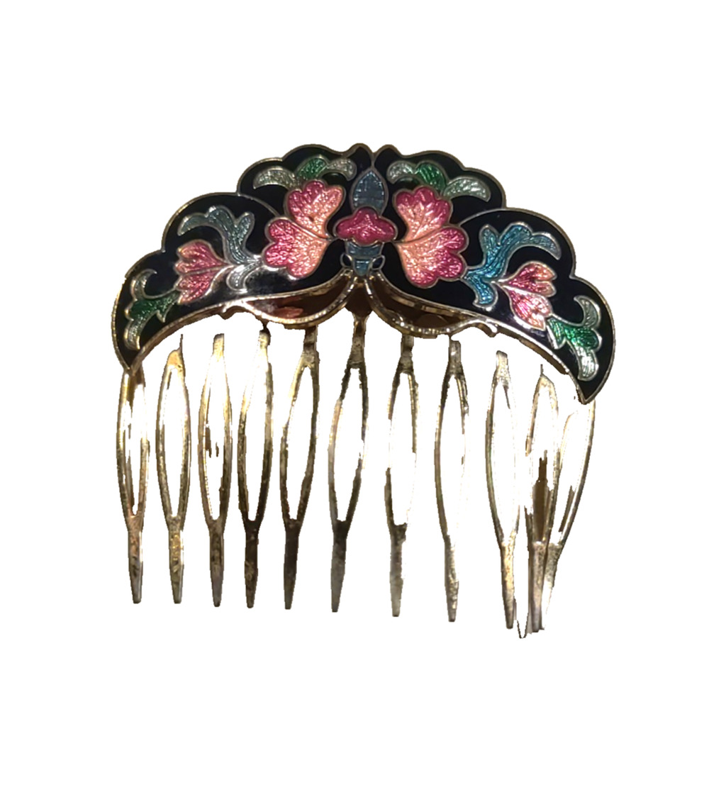 Enamel Floral Hair Comb Black Green Red Pink Gold Tone Metal
